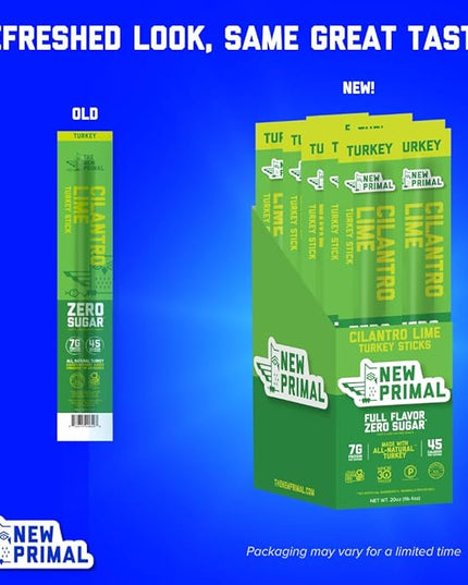 New Primal Cilantro Lime Turkey Sticks, Keto, Gluten Free Healthy Snacks for Adults, Sugar Free Low Carb High Protein, Paleo Whole30 Jerky Meat Stick, 7g Protein, 45 Calories, 1oz (Pack of 20)