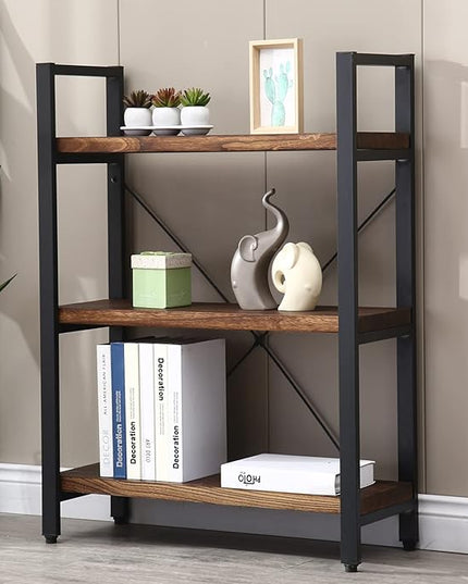 Natural Real Solid Wood Bookcase,3 Tier Metal and Wood Open Book Shelf Storage Farmhouse Wide Etagere Bookcase for Office Living Bedroom