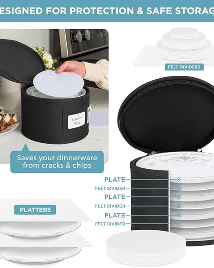 Hard Shell China Storage Containers 12-Piece Set Moving Boxes for Dinnerware, Glasses, Plates, Mugs and Saucers Sturdy Dish Organizer with Dividers for Seasonal Storage - Service for 12 - Black