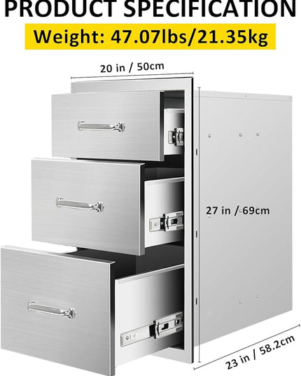 Outdoor Kitchen Drawers 20" W x 27" H x 23" D Flush Mount Triple BBQ Drawers with Chrome Handle Stainless Steel Drawer for Outdoor Kitchen Island, Patio Grill Station