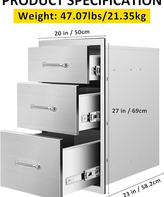 Outdoor Kitchen Drawers 20" W x 27" H x 23" D Flush Mount Triple BBQ Drawers with Chrome Handle Stainless Steel Drawer for Outdoor Kitchen Island, Patio Grill Station