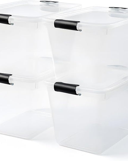 HOMZ 4-Pack Latching Lid, Large Clear Plastic Storage Bins with Lids, 31 Quart, Gray Latch - Stackable Container Boxes for Home, Bathroom, and Office Organization