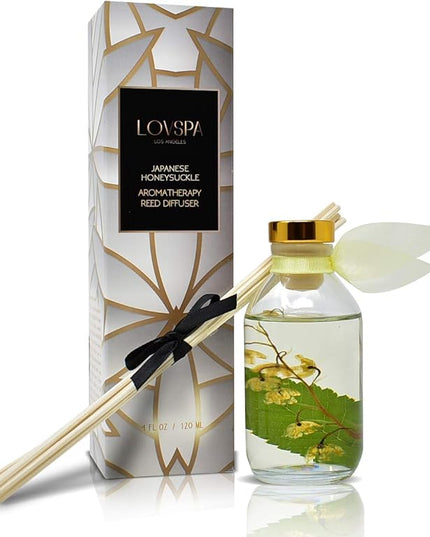 LOVSPA Reed Diffuser Set, Japanese Honeysuckle Scented Oil Diffuser with Sticks, Home Fragrance Accessories for Bathroom Shelf Decor, Aroma Diffusers for Home or Office Desk, USA Made