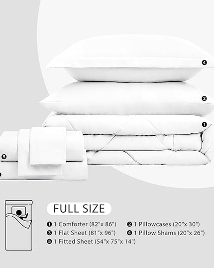 Love's cabin Full Comforter Set White, 7 Pieces Full Bed in a Bag, All Season Bedding Sets with 1 Comforter, 1 Flat Sheet, 1 Fitted Sheet, 2 Pillowcase and 2 Pillow Sham