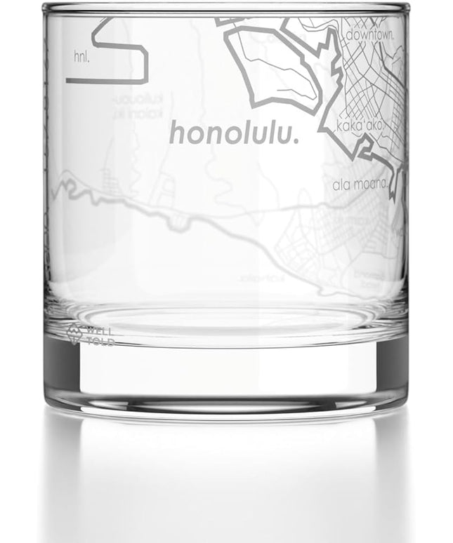 Well Told Engraved Honolulu Hawaii Map Rocks Glass, Old Fashioned Glassware (11 oz, Clear) Etched Bourbon Tumbler, Gifts For Whiskey Lovers