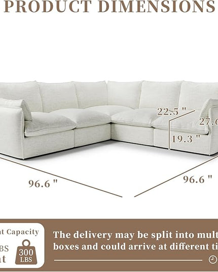 Waterproof Cloud Sectional Sofa for Living Room,High Backrest Down Filled Couch,5 Seater Oversized Modular V-Shaped Couches,Detachable Couch Covers,Cream White