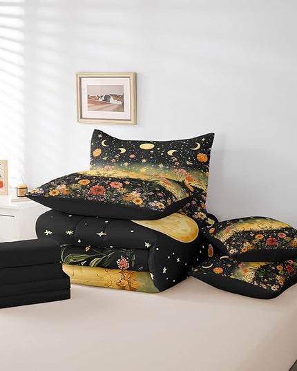 Feelyou 7 Piece Sun and Moon Bed in a Bag Queen Butterfly Moth Flower Sheet Set Rustic Garden for Boys Girls Kids Boho Moon Sun Star Bedding Comforter Boho Mandala Cushion Covers