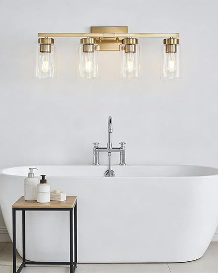 4-Light Bathroom Light Fixtures, Gold Modern Vanity Lights Over Mirror, Bathroom Wall Sconces with Clear Glass Shade for Living Room Bedroom Hallway Cabinet Porch