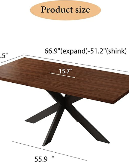 ZckyCine 51"-67" Extendable Dining Table, Modern Walnut Finish Table with Sturdy Metal Frame, Rectangular Kitchen Table for 6-8 People, Easy Assembly