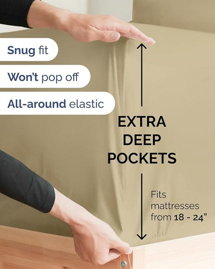 Extra Deep Twin Sheet Set - 4 Piece Breathable and Cooling Sheets - Hotel Luxury Bed Sheets Set - Easy & Secure Fit - Soft, Wrinkle Free and Comfy Sheets Set - Beige Sheet Set with Extra Deep Pockets