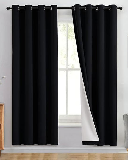 Yakamok 100% Blackout Curtain Panels 72 inches Cold and Light Blocking Drapes for Nursery, 2 Thick Layers Thermal Insulated Draperies (2 Pieces, 50 Wide Each Panel, Black Front with White Backing)