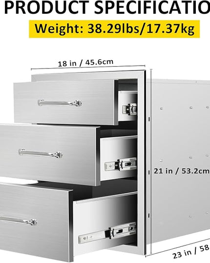 Outdoor Kitchen Drawers 18" W x 21" H x 23" D Flush Mount Triple BBQ Drawers with Chrome Handle Stainless Steel Drawer for Outdoor Kitchen Island, Patio Grill Station