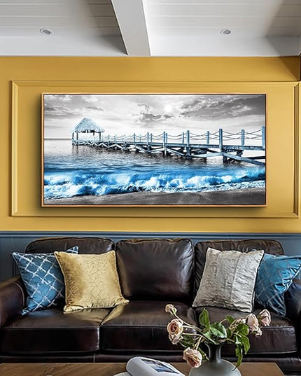 Wapluam Large Framed Canvas Wall Art For Living Room, Office, Bedroom - Black And White Beach, Blue Ocean Sea Wave Wall Pictures - 30" x 60"