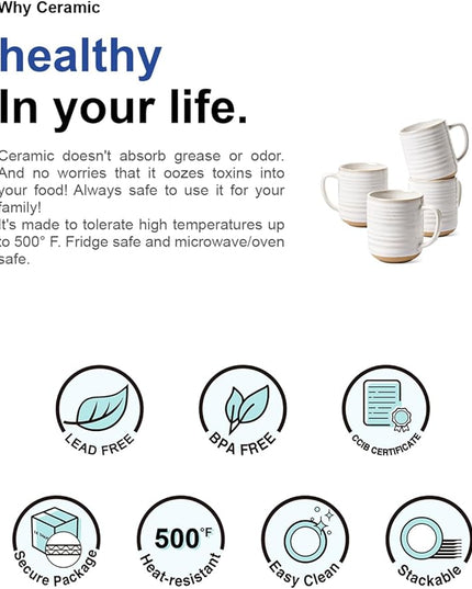 LE TAUCI Coffee Mugs 12 oz, Ceramic Coffee Cups for Latte, Hot Tea, Cappuccino, Mocha, Cocoa, Housewarming Wedding Present Mug Set - Set of 4, Arctic White