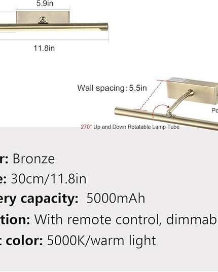 Picture Light for Wall Battery Operated, 12" Rechargeable Art Light with Remote and Timer for Painting, 3 Color Temps, Wireless Wall Light for Display, Artwork, Portrait, Gallery, Gold