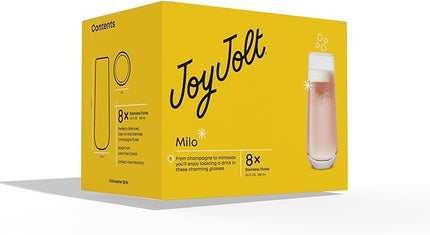 JoyJolt Milo Stemless Champagne Flutes Set of 8 Crystal Glasses. 9.5oz Prosecco Wine Flute, Mimosa Glasses, Cocktail Glass Set, Water Highball Glass, Bar Glassware