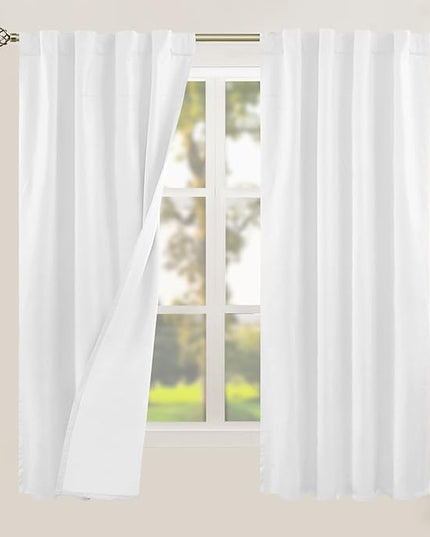 LAMIT White 100% Blackout Linen Curtains, 63 Inches Linen Textured Thermal Bedroom Curtains Back Tab and Rod Pocket Neutral Panels with White Liner for Short Windows, 2 Panels, 38 x 63 Inch