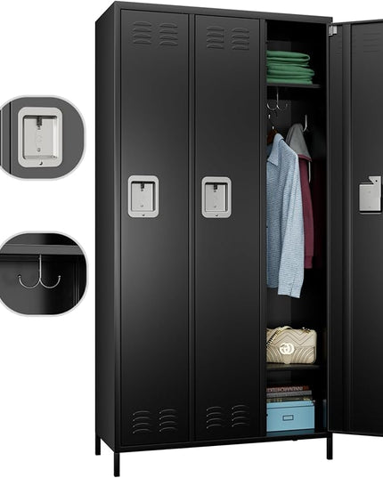Aobabo Metal Lockers for Employees, 3 Doors Storage Locker with 9 Hooks for Office Home, Black, Assembly Required