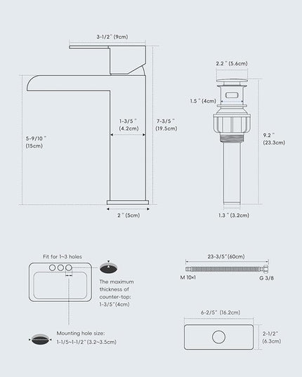 DAYONE Matte Black Single Handle Bathroom Sink Faucet, 1 Hole Bathroom Faucets with Pop Up Drain Stopper, Single Hole Mixer Tap Optional Deckplate Stainless Steel