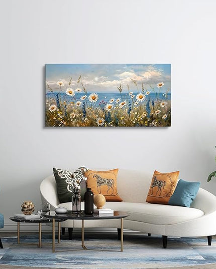 Wapluam Blue Ocean Canvas Wall Art for Living Room Wall Decor For Bedroom Bathroom Decoration Abstract Natural Seascape Painting Modern Office Wildflowers Artwork Pictures Home Decor Ready To Hang
