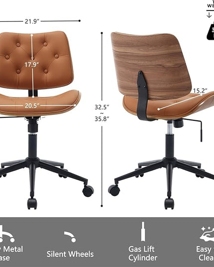 Armless Home Office Chair with Wheels, PU Leather Adjustable Height Computer Desk Chair, 360 Swivel Small No Arms Chair, Modern Button Walnut Style for Office, Reading Meeting Room(Brown)
