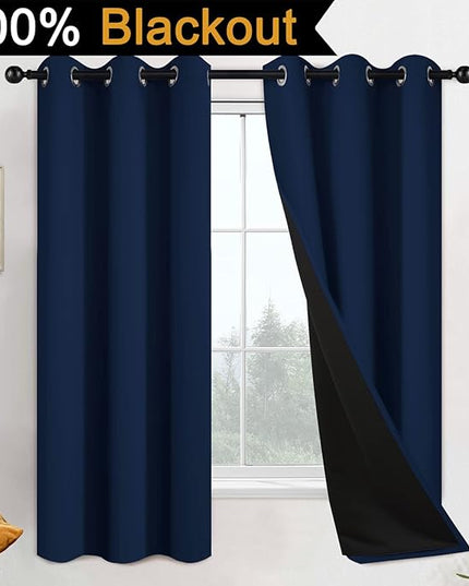 Yakamok 100% Blackout Lined Pair Curtains for Bedroom, Window Treatment Thermal Insulated Soundproof Drapes for Living Room(42Wx63L,Navy Blue, 2 Panels)