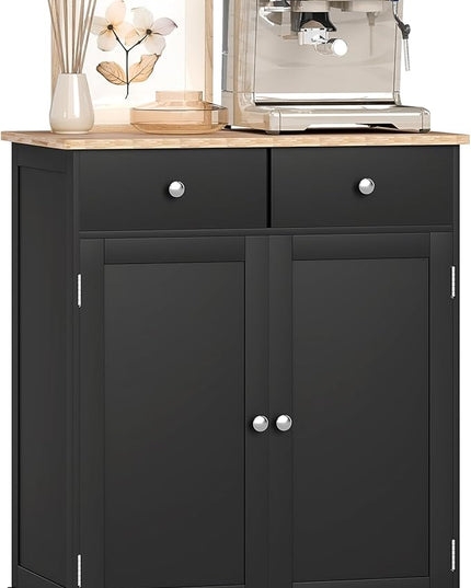 HOMCOM Sideboard Buffet Cabinet with Solid Wood Countertop, Modern Kitchen Storage Cabinet, Coffee Bar Cabinet with 2 Drawers, Doors and Adjustable Shelf, Black