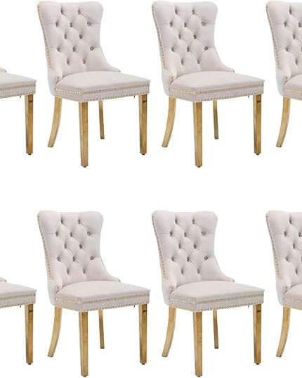 SoarFlash Velvet Dining Chair Set of 8, Upholstered Tufted Dining Room Chair with Nailhead Trim and Solid Gold Plated Leg for Kitchen (Beige)