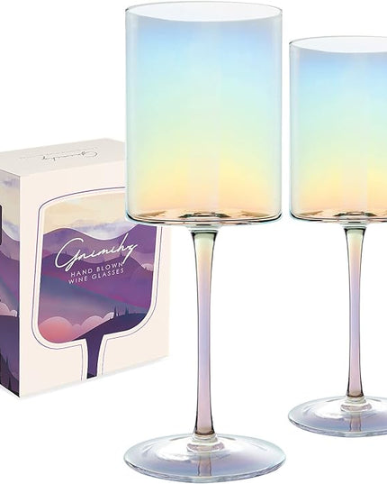 Iridescent Wine Glasses Set of 2-16oz Cylindrical Red White Wine Glass, Made from Lead-Free Premium Crystal, Great Gift for Wedding, Anniversary, Christmas, Birthday, 9’’ Tall, Clear