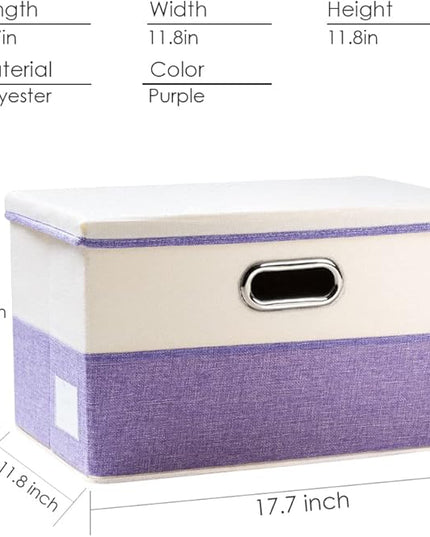 PRANDOM Large Foldable Storage Bins with Lids [3-Pack] linen Fabric Decorative Storage Boxes Organizer Containers Baskets Cube with Handles Divider for Bedroom Closet Purple&Cream(17.7x11.8x11.8)