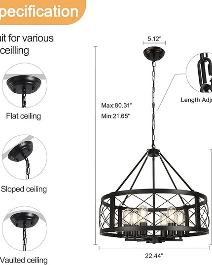 6-Light Black Rustic Drum Chandelier, 22.5” Modern Chandelier for Dining Room, Round Metal Hanging Light Fixture for Foyer, Entryway, Bedroom, Kitchen Island