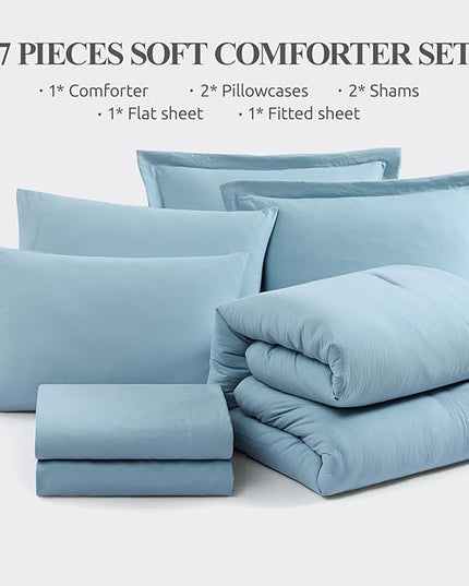WRENSONGE Queen Comforter Set, 7 Pieces Soft Blue Bed in a Bag Queen with Fitted Sheet, Flat Sheet, 2 Pillow Shams, and 2 Pillowcases- Warm Bedding Sets for All Season