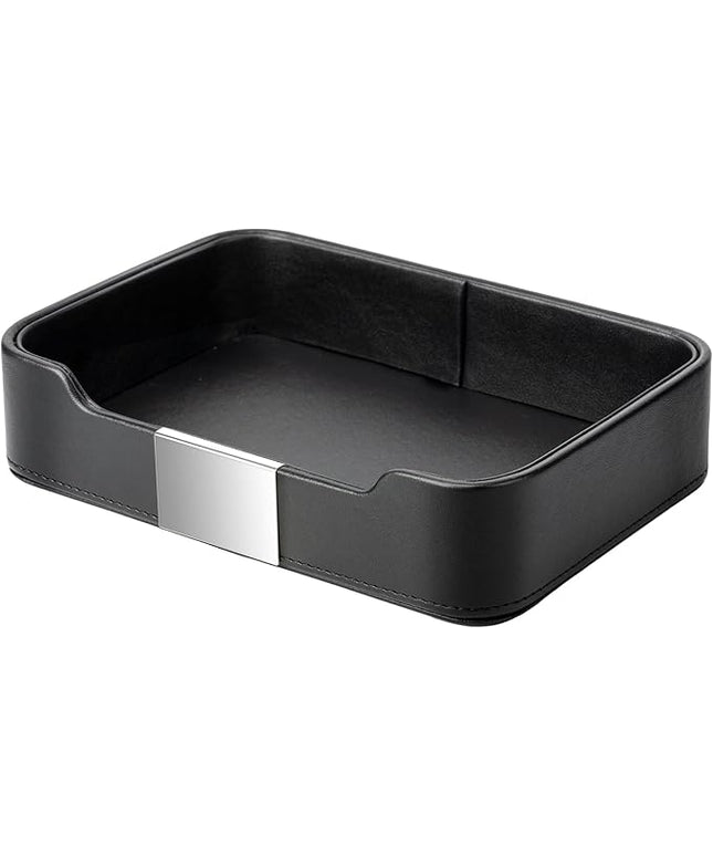 SANZIE Luxury Leather Tray Desktop Storage Catchall Organizer Decorative Tray for Entryway Table to Hold Jewelry Watch Keys Phone Wallet (Metal Silvered, Black)