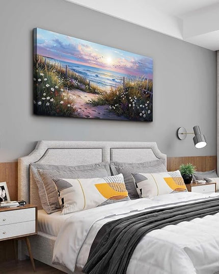 hyidecorart Blue Ocean Artwork Pictures Canvas Wall Art For Living Room Wall Decor For Bedroom Flower Beach Scenery Wall Painting Framed for Office Hotel Wall Decor Modern Posters Home Decorations