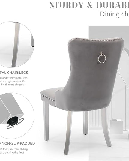 SoarFlash Velvet Dining Chairs Set of 2, Tall Back Side Chair, Modern Upholstered High-end Tufted Side Chair with Button Back Ring, Silver Legs (Grey)