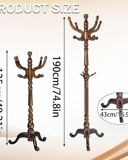 74" Wooden Coat Rack Stand,Coat Racks Freestanding With 14 Hooks And Solid Round Base Heavy Duty Adjustable Height Hall Tree Coat Rack for Entryway Hallway Foyer Office Bedroomf (Triangle Antique)