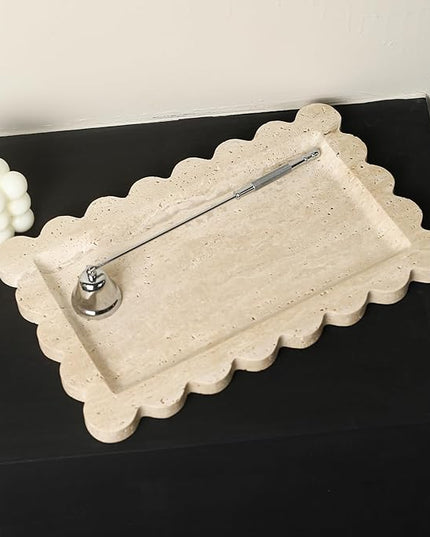 Natural 100% Marble Vanity Tray Luxury Scalloped Marble Storage Square Rectangle Tray for Home Decor Stone Tray for Bathroom/Kitchen/Candle Key (Rectangle-11.8 * 7.4-Beige Travertine)