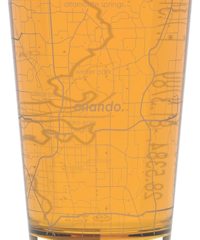 Well Told Engraved Orlando Florida Map Pint Glass, Etched Beer Gift (16 oz, Clear) City Map Pint, Custom City Glassware, Gifts For Beer Lovers