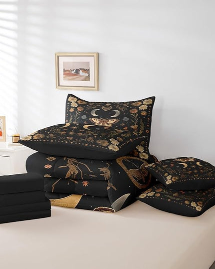 Feelyou 7 Piece Death Moth Bed in a Bag Full for Boys Kids Boho Butterfly Sheet Set,Moth Flower for Girls Women Rustic Garden Bedding Set with Comforter Moth Flower Cushion Covers