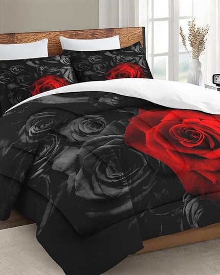 Full Size Comforter Set with 2 Pillowcases, Red Rose Flower 3 Pcs Bedding for Kids and Adults, Summer Vintage Floral Soft Comforter Set for Bedroom Bed Decor