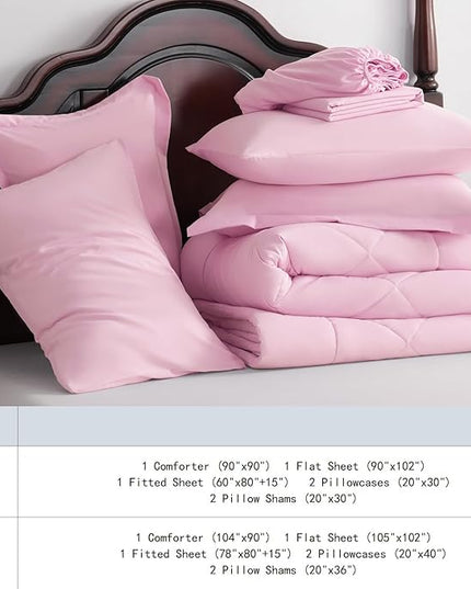NTBAY King Comforter Set with Sheets, 7 Pieces Soft and Breathable King Bedding Set, Bed in a Bag, Down Alternative Comforter Set Solid Color All Season, King Bedding Set, Pink