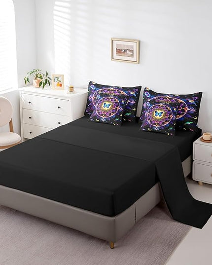 Feelyou Sun and Moon Kids Comforter Set 7 Pieces, Yoga Chakras Bedding Queen with 1 Comforter,1 Fitted Sheet,1 Flat Sheet,2 Pillowcases,2 Throw Pillow Cover, Boho Mandala Bed Set for Boys Girl