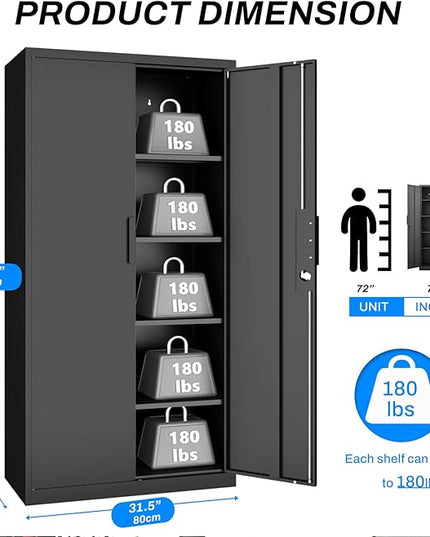 Metal Garage Storage Cabinet with Lock, 71" Tall Steel Storage Locker with 4 Adjustable Shelves, Heavy Duty Metal Cabinet for Garage, Office, Home, 31.5”W × 16.5”D, Black