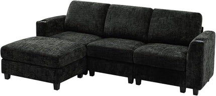 87" Chenille Sectional Sofa with Movable Ottomans, Modular L-Shape Couch with Cup Holders, Convertible 3 Seater Sofa with Well-Filled Backrest Cushions for Living Room, House, Black