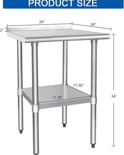 HARDURA Stainless Steel Table Prep Work Table 24 x 24 Inches NSF Heavy Duty Commercial with Undershelf and Backsplash for Food Prep