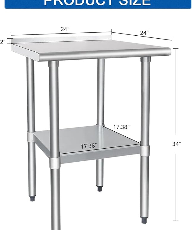 HARDURA Stainless Steel Table Prep Work Table 24 x 24 Inches NSF Heavy Duty Commercial with Undershelf and Backsplash for Food Prep