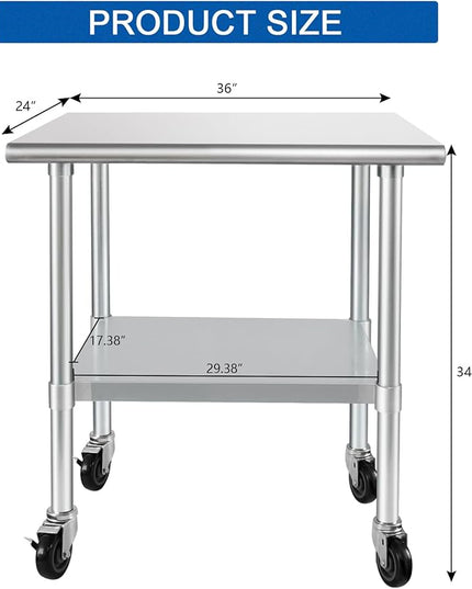 HARDURA Stainless Steel Table with Wheels 24 x 36 Inches Casters NSF Heavy Duty Commercial Work & Prep Table with Undershelf and Galvanized Legs for Restaurant Kitchen Bar and Hotel Garage