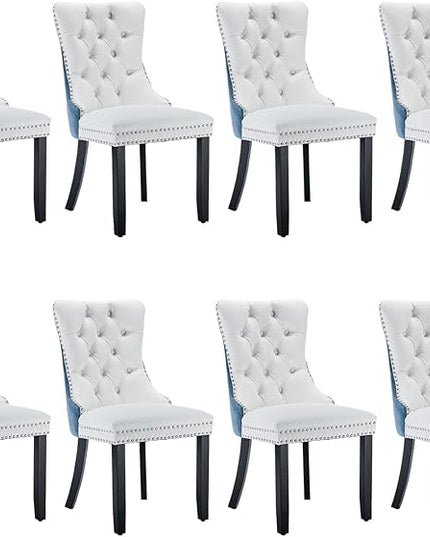 SoarFlash Leather Dining Chairs Set of 8, Tall Back Side Chair, Modern Upholstered Side Chair with Button Back Ring, Solid Wood Legs (White&Blue)