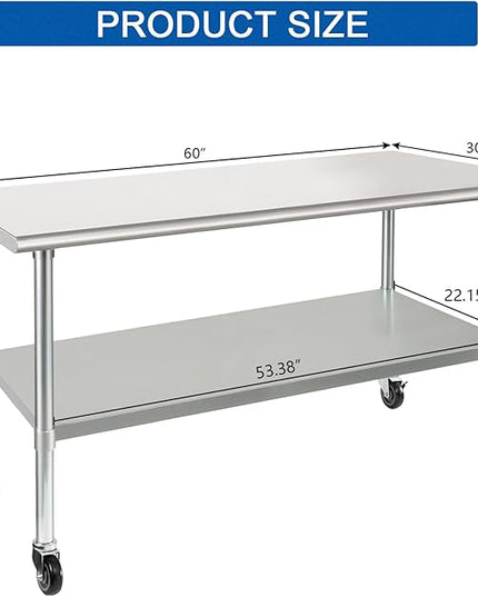 HARDURA Stainless Steel Table with Wheels 30 x 60 Inches Casters NSF Heavy Duty Commercial Work & Prep Table with Undershelf and Galvanized Legs for Restaurant Kitchen Bar and Hotel Garage