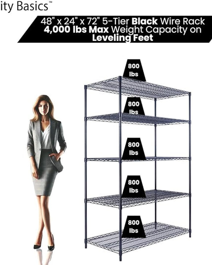 NSF Commercial 5-Tier Wire Shelving with Wheels, 48"x24"x72" Heavy Duty Metal Shelves 4000 lbs Max Capacity, Black Storage Rack for Garage Kitchen Pantry Warehouse